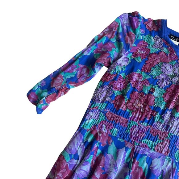 Diane Freis Vintage Floral Dress Beaded Long Sleeve 100% Silk Dancing Size Large - Picture 4 of 12